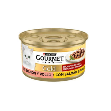 Lata Purina Gold Bocaditos en Salsa con Salmón y Pollo